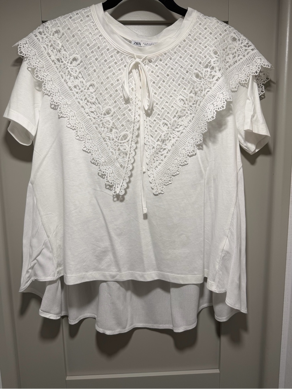 NWT Zara White Crochet Collar Short Sleeve Top